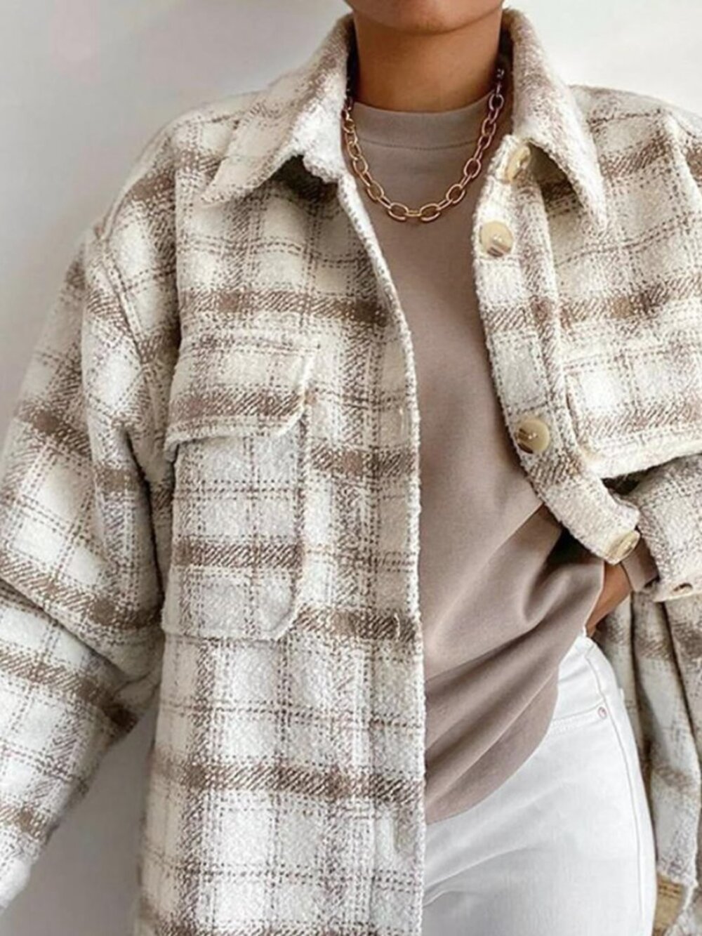 H&M Neutral Cream Tan Plaid Button Down Oversized Shacket Small